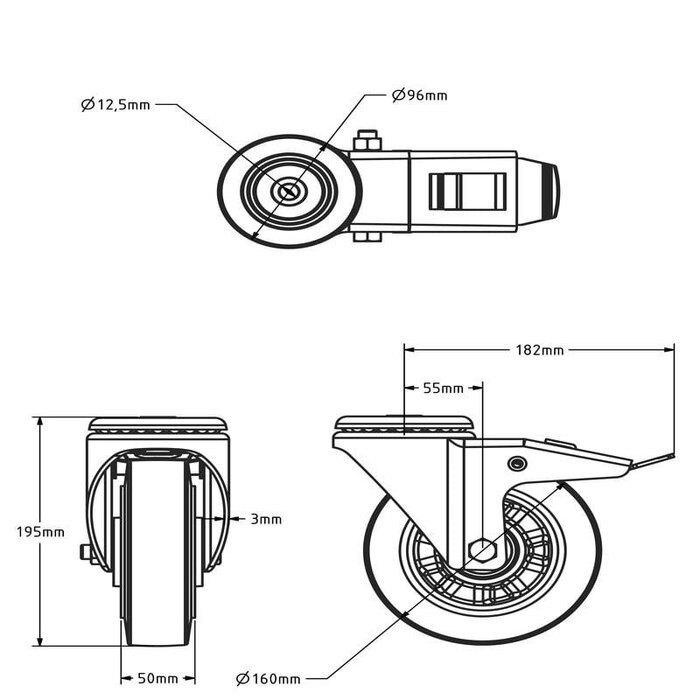 Elastische Gummi-Lenkrolle mit Bremse 160 mm - Kugellager - 300 kg