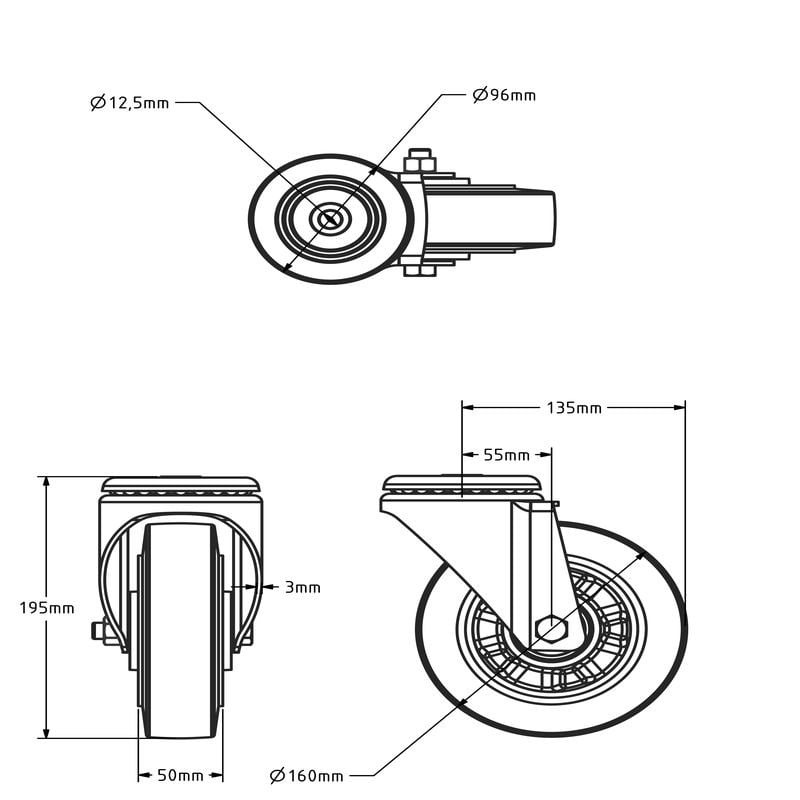 Elastische Gummi-Lenkrolle 160 mm - Kugellager - 300 kg