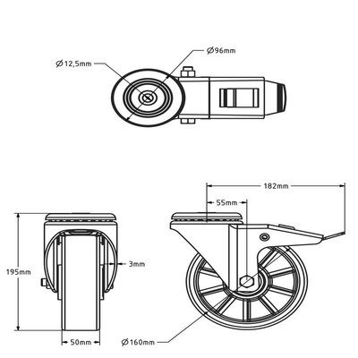 Polyurethan-Lenkrolle mit Bremse 160 mm - Kugellager - 300 kg