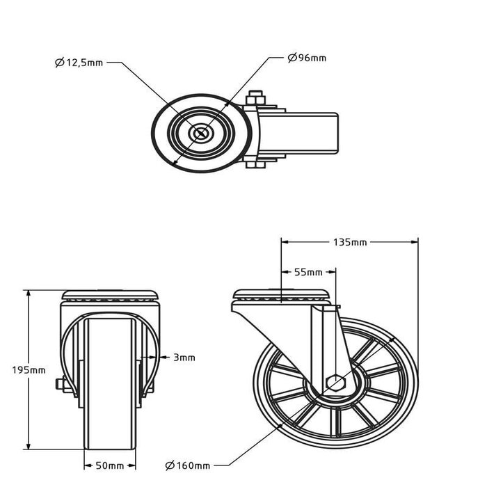 Polyurethan-Lenkrolle 160 mm - Kugellager - 300 kg