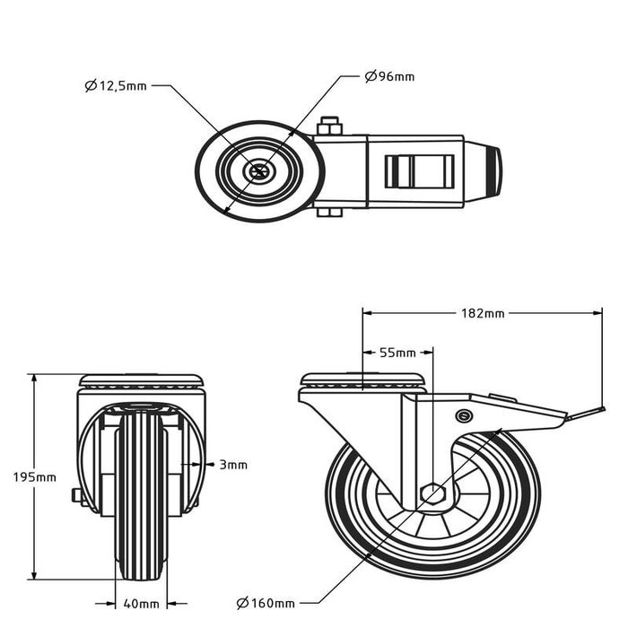 Vollgummi-Lenkrolle mit Bremse 160 mm - Rollenlager - 140 kg