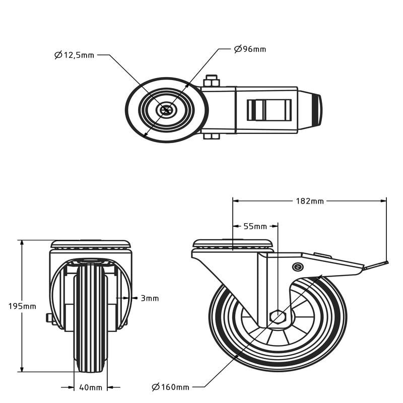 Vollgummi-Lenkrolle mit Bremse 160 mm - Rollenlager - 140 kg