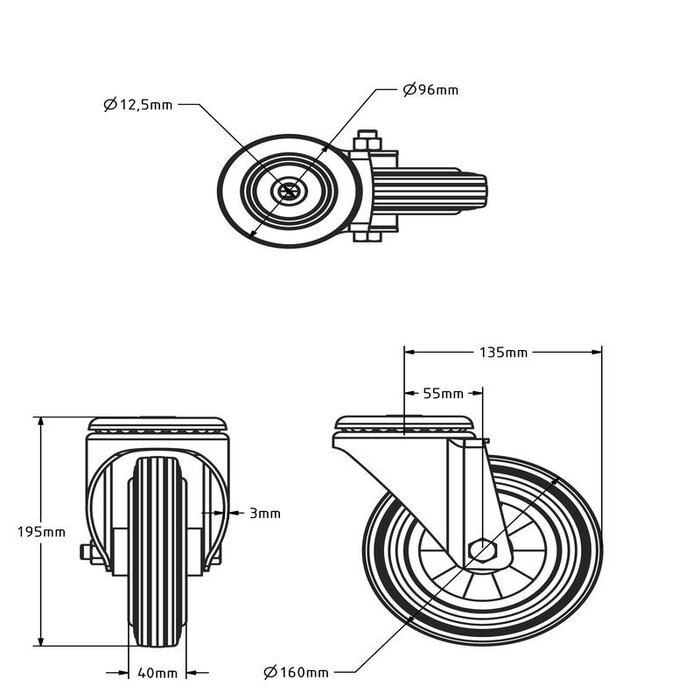 Vollgummi-Lenkrolle 160 mm - Rollenlager - 140 kg