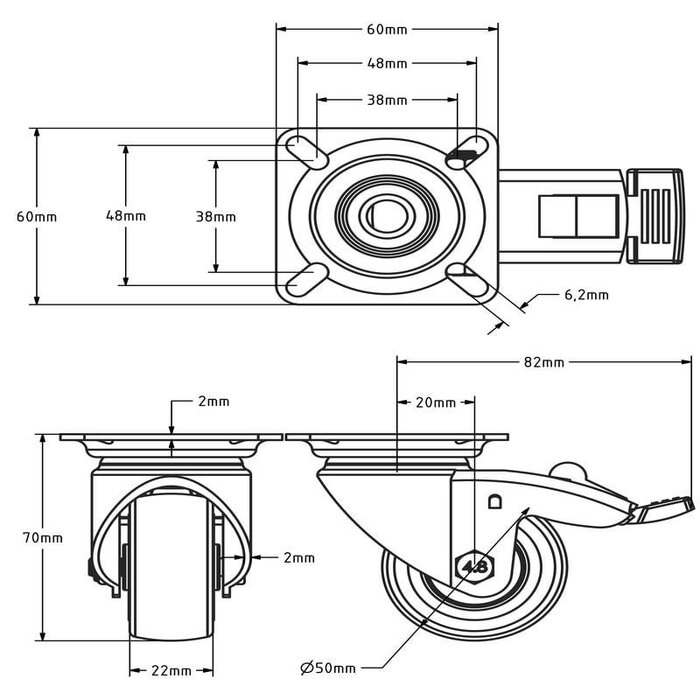 Schwarze Lenkrolle mit Bremse 50 mm - Gleitlager - Platte - 50 kg
