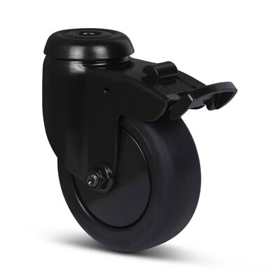 Schwarze Lenkrolle mit Bremse 75 mm - Kugellager - Rückenloch - 75 kg