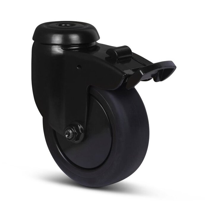 Schwarze Lenkrolle mit Bremse 75 mm - Kugellager - Rückenloch - 75 kg