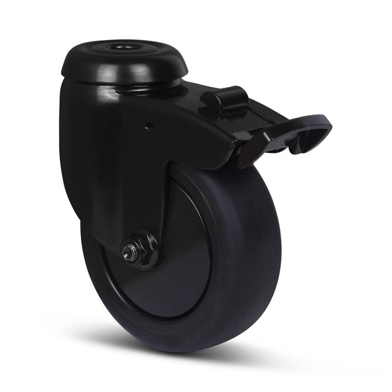 Schwarze Lenkrolle mit Bremse 75 mm - Kugellager - Rückenloch - 75 kg