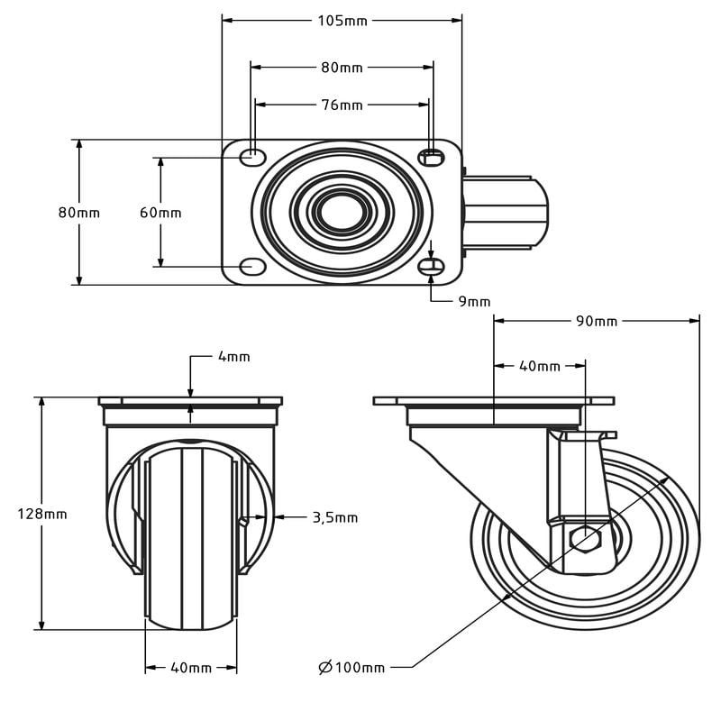 Ballige Polyurethan-Lenkrolle 100 mm - 270 kg