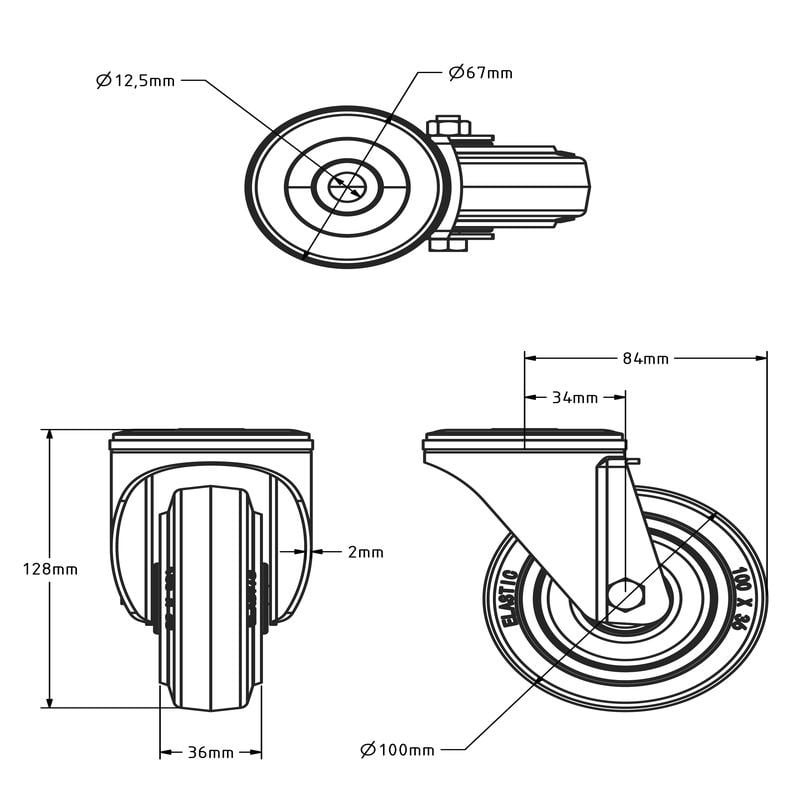 Elastische Gummi-Lenkrolle 100 mm - Rollenlager - 160 kg