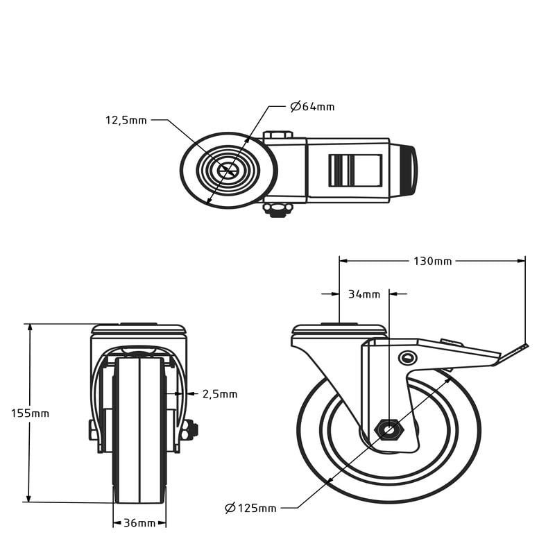 Elastische Gummi-Lenkrolle mit Bremse 125 mm - Rollenlager - 220 kg