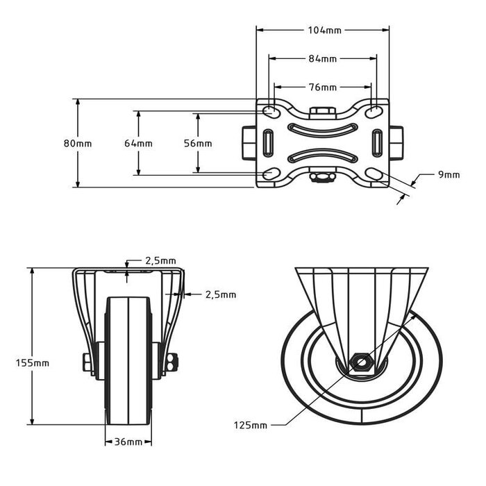 Elastische Gummi-Bockrolle 125 mm - Rollenlager - 220 kg