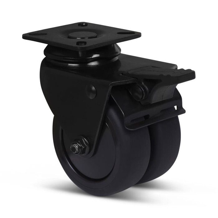 Schwarze Doppelrolle mit Bremse 75 mm - Platte - 120 kg