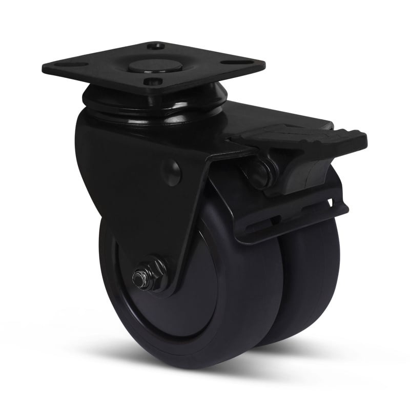 Schwarze Doppelrolle mit Bremse 75 mm - Platte - 120 kg