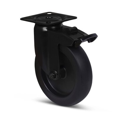 Schwarze Lenkrolle mit Bremse 100 mm - Gleitlager - Platte - 80 kg