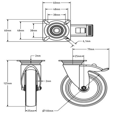 Schwarze Lenkrolle mit Bremse 100 mm - Gleitlager - Platte - 80 kg
