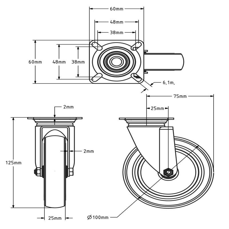 Schwarze Lenkrolle 100 mm - Gleitlager - Platte - 80 kg