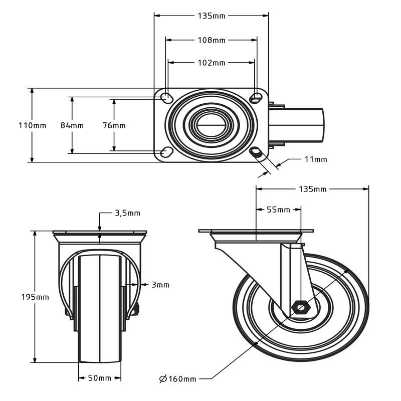 Polyurethan-Lenkrolle 160 mm - Kugellager - 350 kg