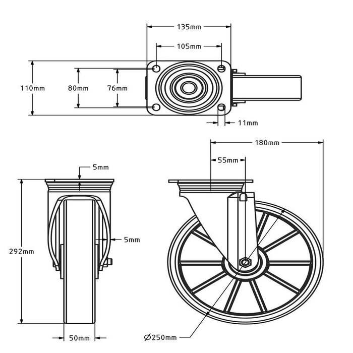 Polyurethan-Schwerlast-Lenkrolle 250 mm - Kugellager - 1000 kg