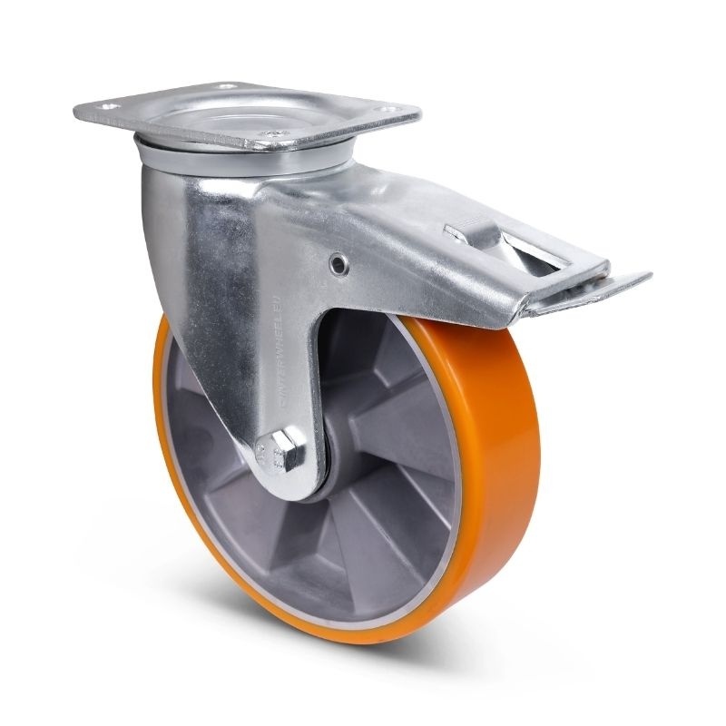 Polyurethan-Schwerlast-Lenkrolle mit Bremse 200 mm - Kugellager - 900 kg