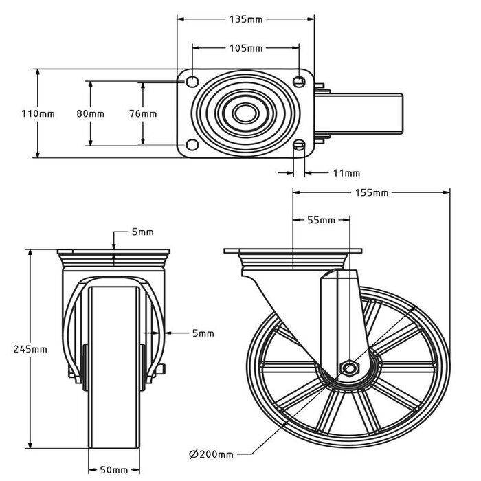 Polyurethan-Schwerlast-Lenkrolle 200 mm - Kugellager - 900 kg