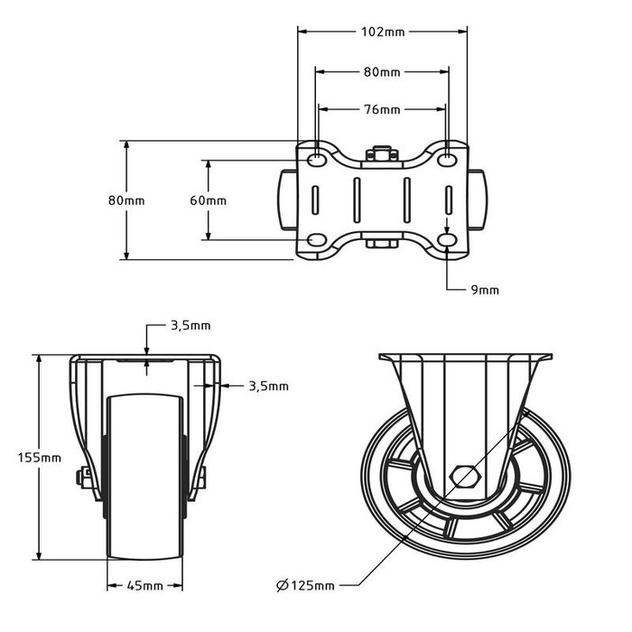 Polyamid-Schwerlast-Bockrolle 125 mm - Kugellager - 350 kg