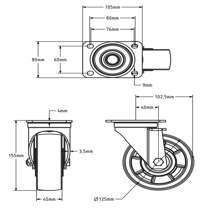 Polyamid-Schwerlast-Lenkrolle 125 mm - Kugellager - 350 kg