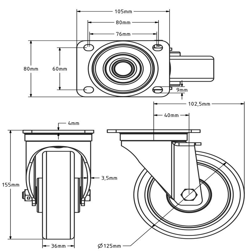 Elastische Gummi-Lenkrolle 125 mm - Kugellager - 250 kg