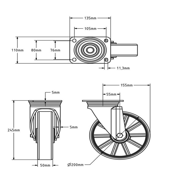 ESD-Polyurethan-Lenkrolle 200 mm - Kugellager - 560 kg