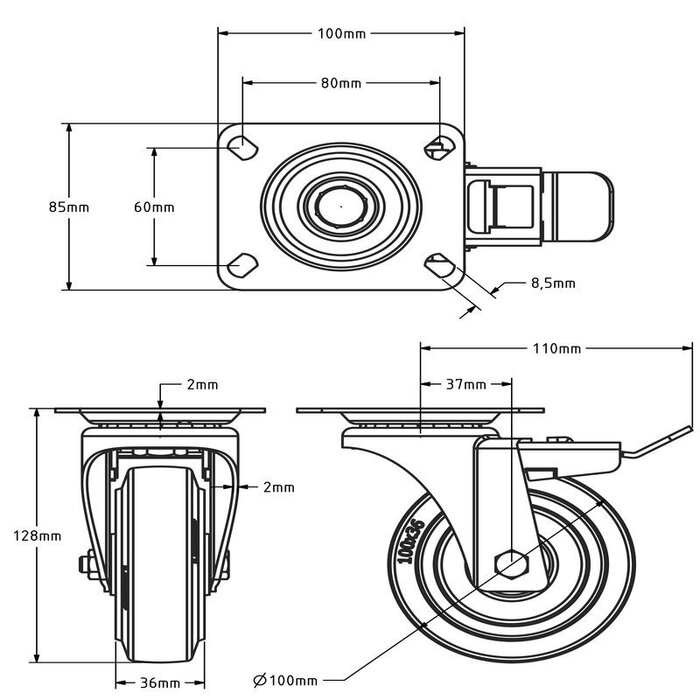 Hitzebeständige Gummi-Lenkrolle mit Bremse 100 mm bis +250 °C - 80 kg