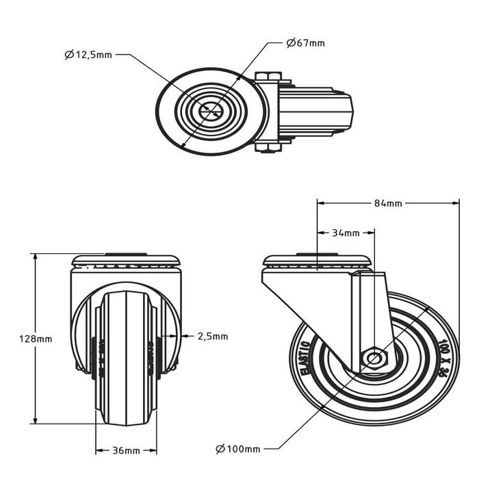 Elastische Gummi-Lenkrolle 100 mm - Rollenlager - 160 kg