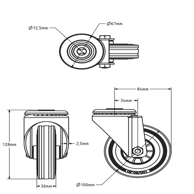 Vollgummi-Lenkrolle 100 mm - Rollenlager - 70 kg