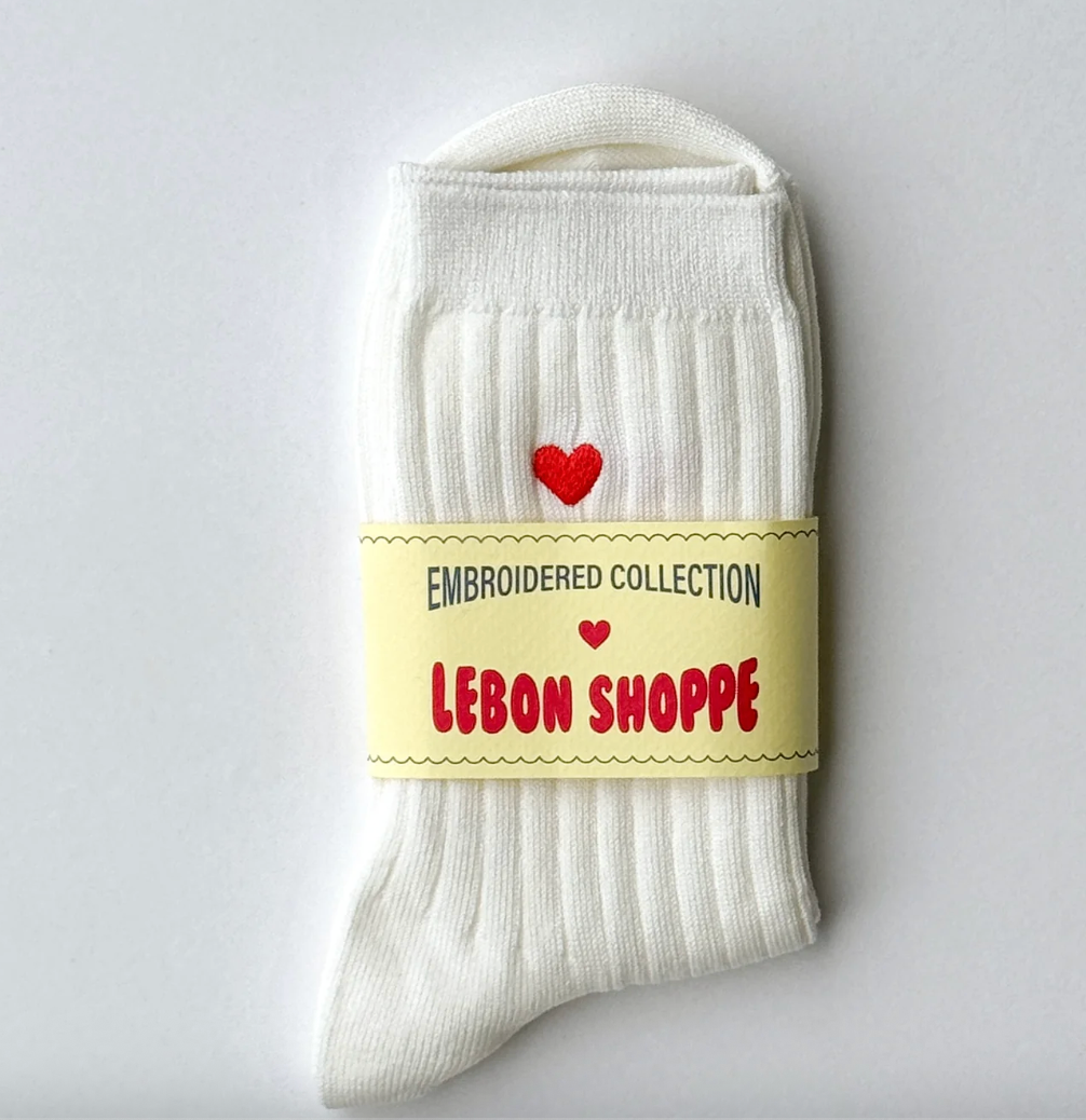 Le Bon Shoppe Embroidered Her Socks Classic White + Heart