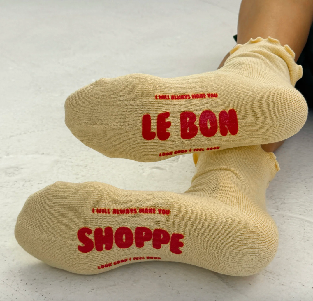 Le Bon Shoppe Ruffled Hugger Crew Socks - Banana Cream / Red