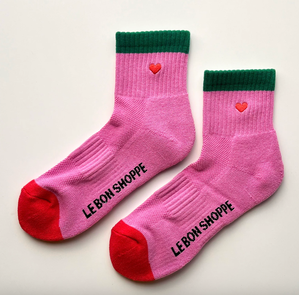 Le Bon Shoppe Embroidered Color Block Girlfriend Socks Rose Green + Heart