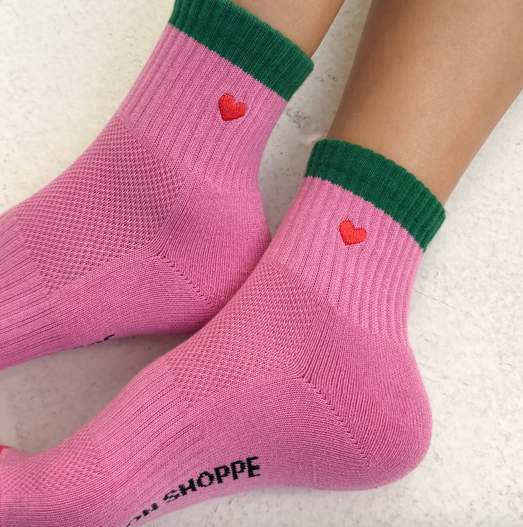 Le Bon Shoppe Embroidered Color Block Girlfriend Socks Rose Green + Heart