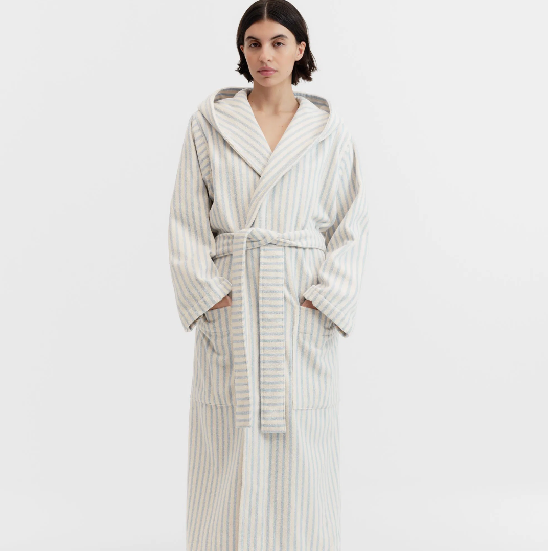 Tekla Terry Hooded Bathrobe Soft Blue Stripes