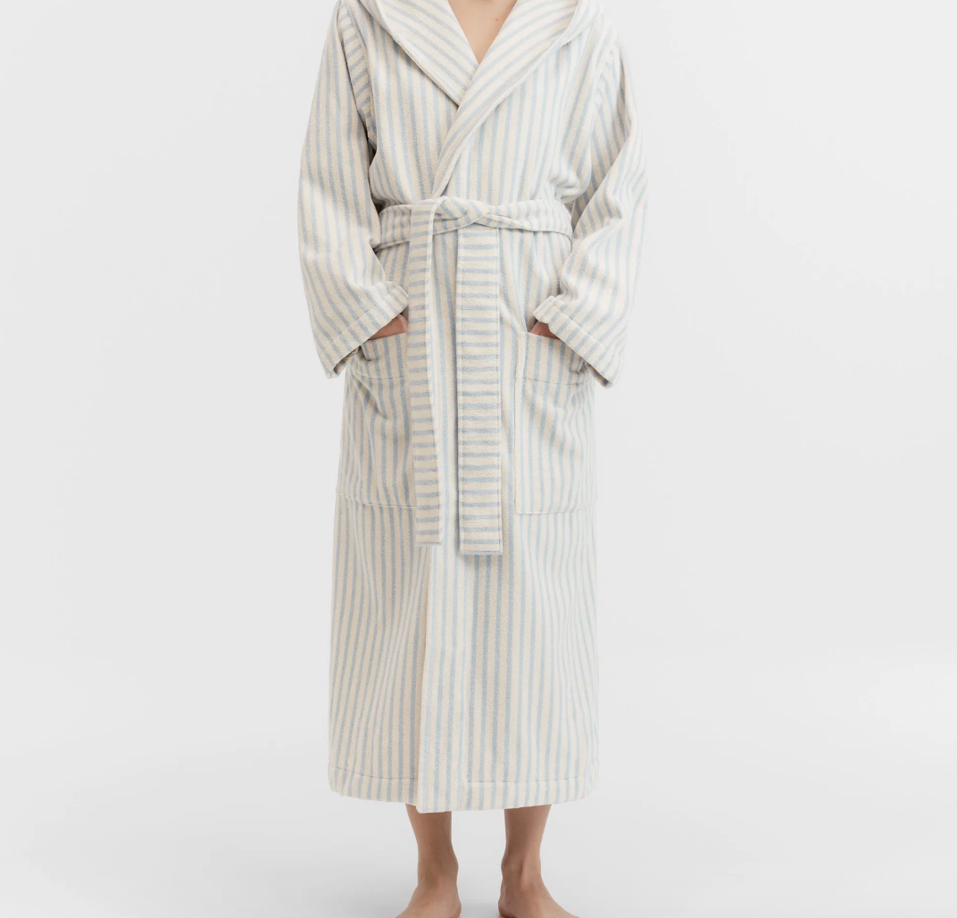 Tekla Terry Hooded Bathrobe Soft Blue Stripes