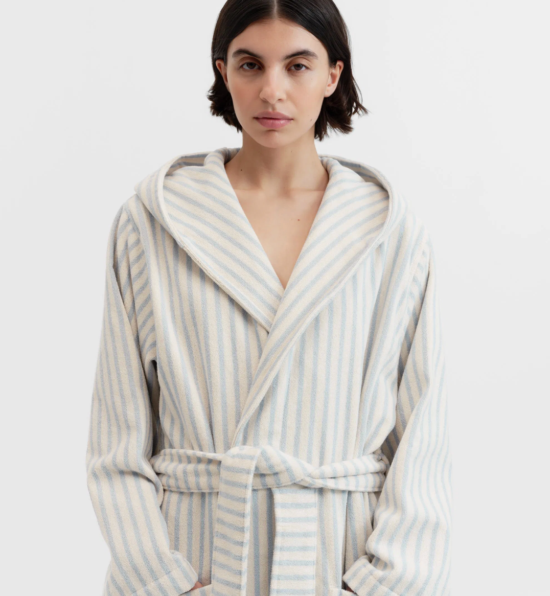 Tekla Terry Hooded Bathrobe Soft Blue Stripes