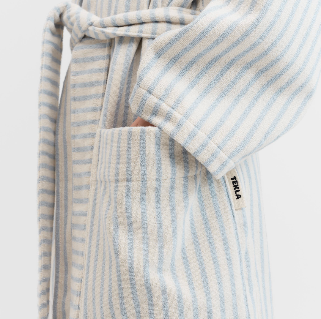 Tekla Terry Hooded Bathrobe Soft Blue Stripes