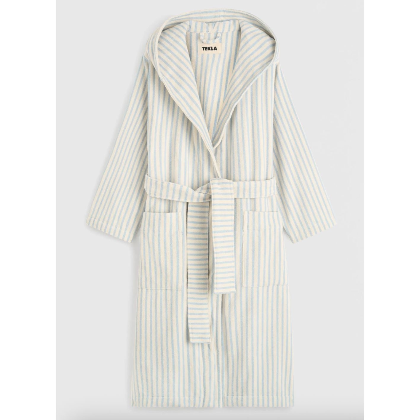 Tekla Terry Hooded Bathrobe Soft Blue Stripes