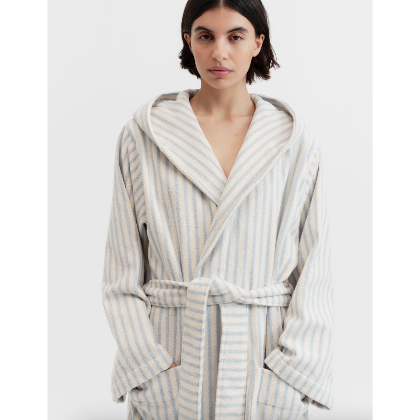 Tekla Terry Hooded Bathrobe Soft Blue Stripes