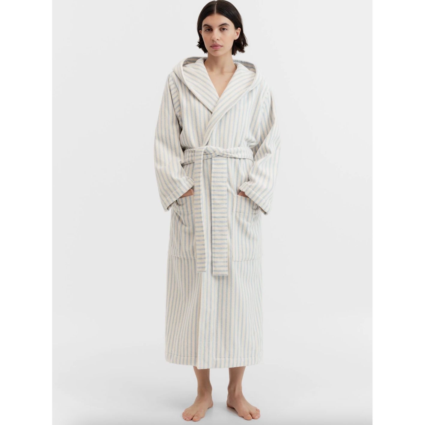 Tekla Terry Hooded Bathrobe Soft Blue Stripes