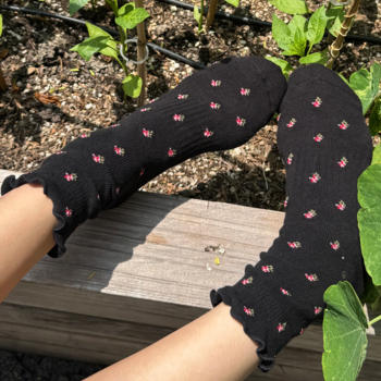 Le Bon Shoppe Ruffled Hugger Crew Socks Black Petal