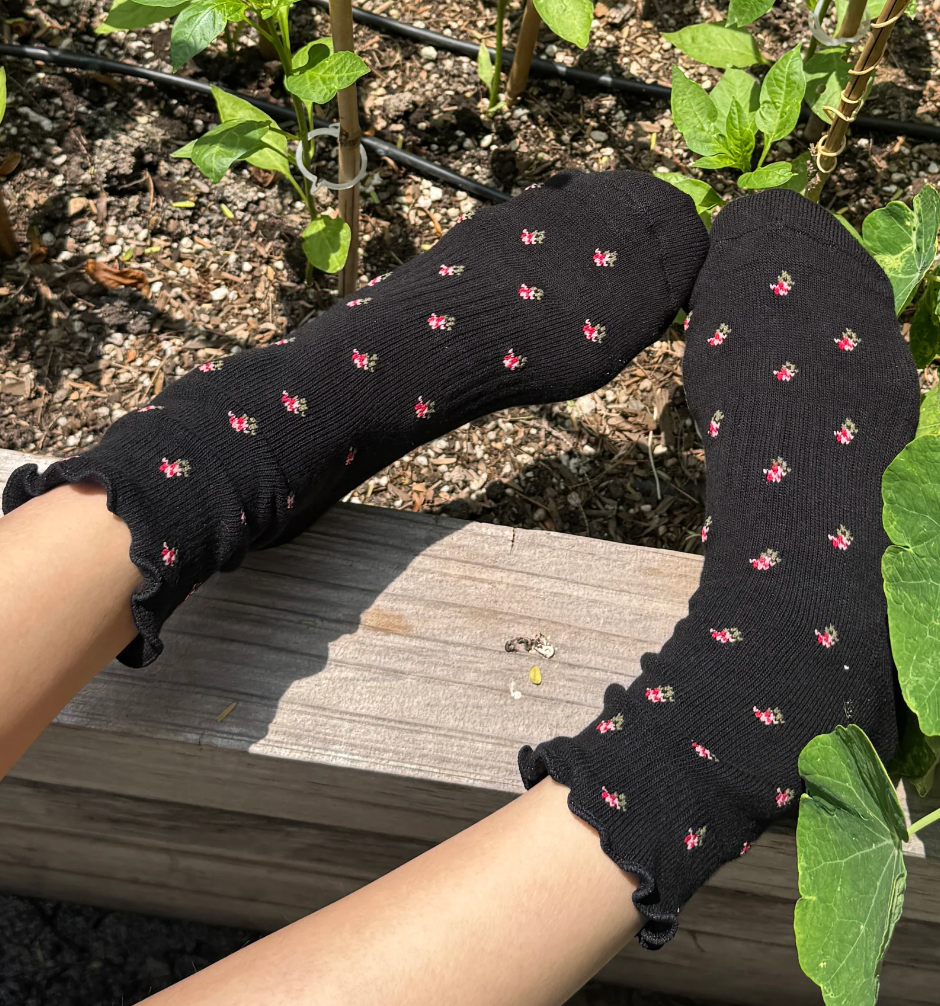 Le Bon Shoppe Ruffled Hugger Crew Socks Black Petal
