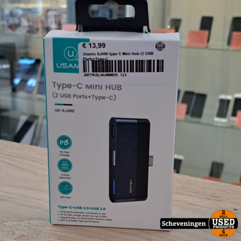 USAMS SJ490 type C Mini Hub (2 USB Ports+Type-C | nieuw