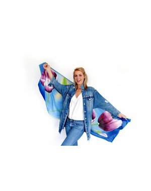 Tulpensjaal blauw met paarse tulpen