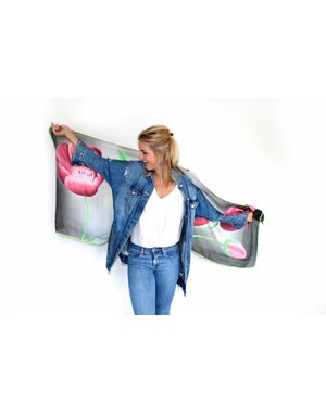 Tulpenschal Grau mit rosa / roten Tulpen