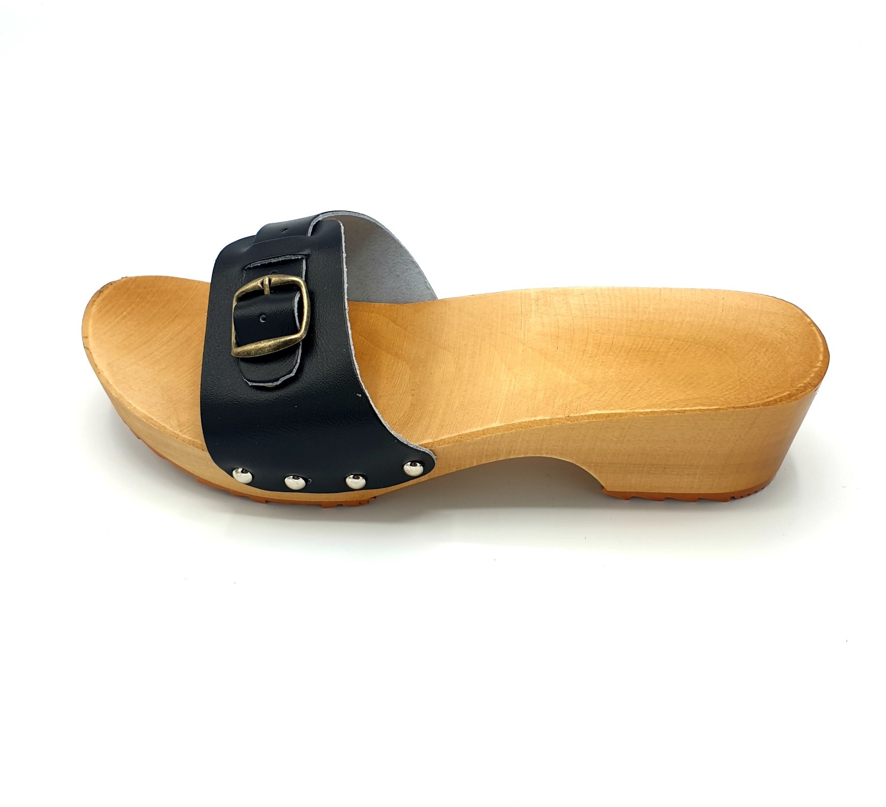 wenkbrauw Aap Verduisteren Houten sandalen zwart smalle gesp - kleppers - - Dinaschuhe.de - klompen,  souvenirs en meer