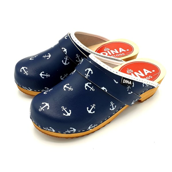 DINA Zweedse klompen blauw met witte scheepsankers