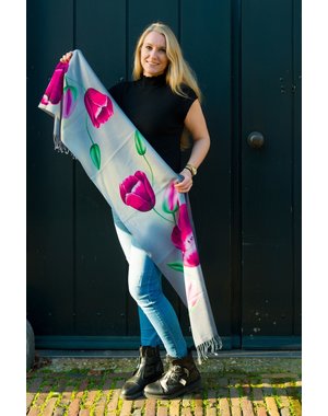  Tulip scarf 170x30cm grey with pink tulips